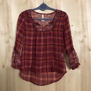 Sheer Plaid and Floral Print Blouse Size XS